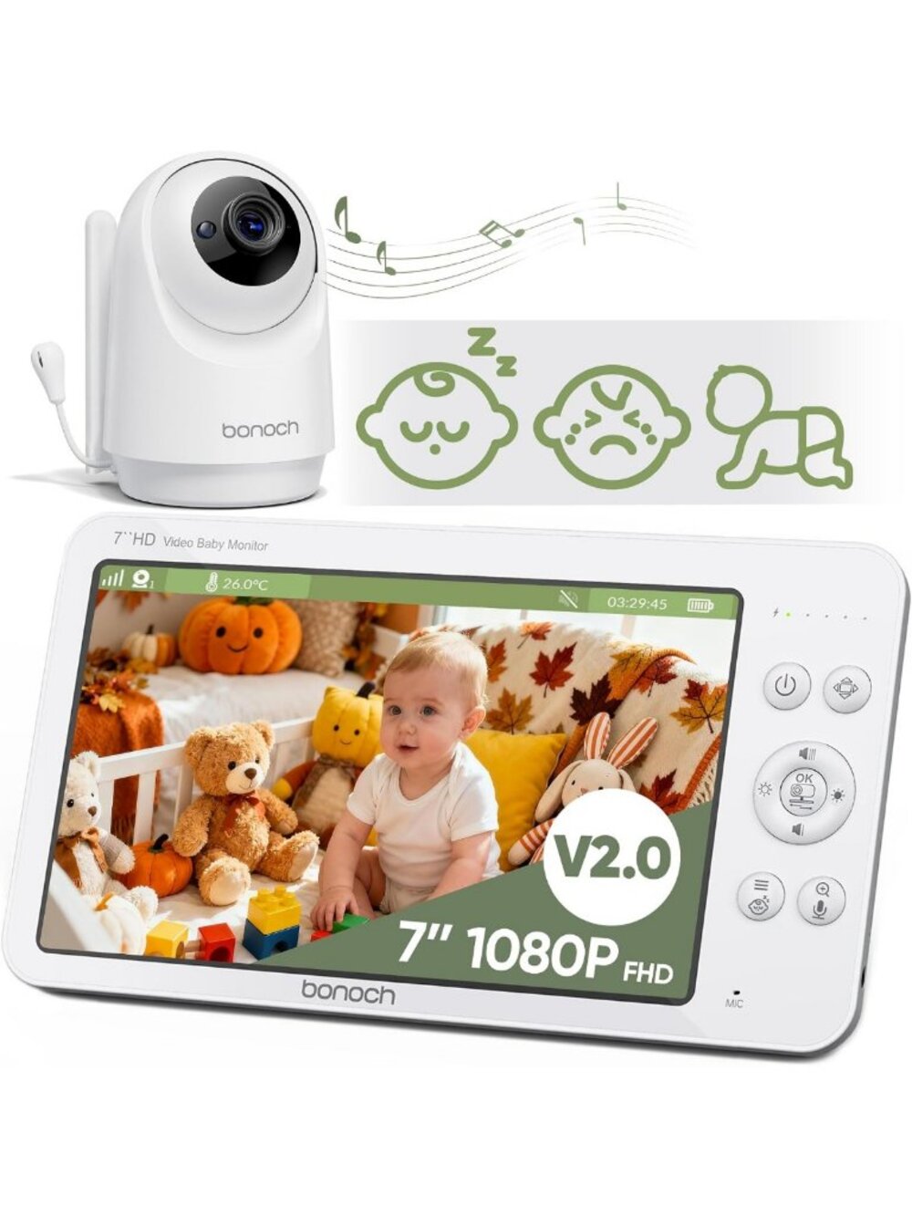 7" 1080P Baby Monitor - No WiFi, Hack Proof, White Noise, MegaView Display